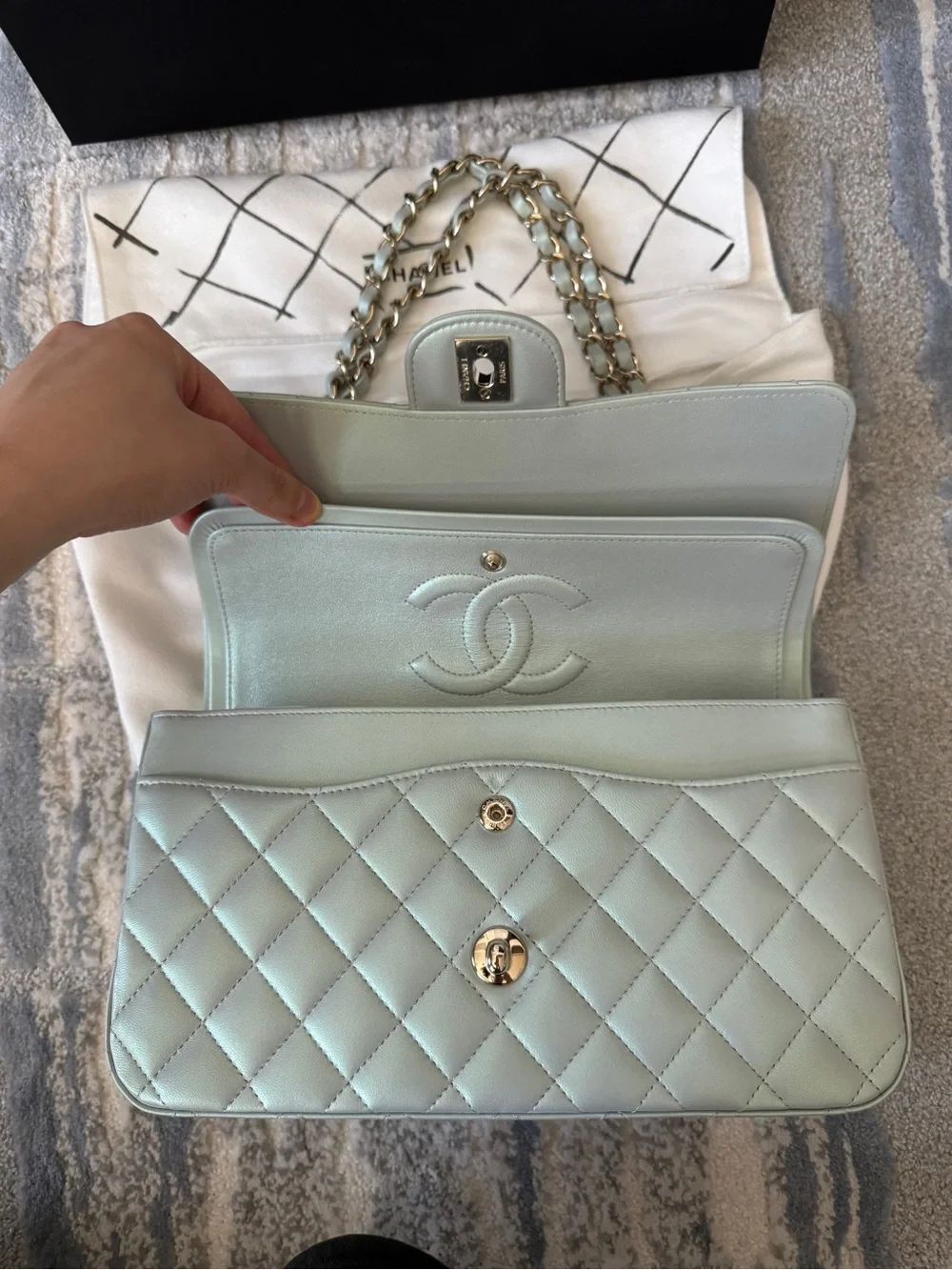 Chanel Iridescent Blue Medium Classic Flap Bag Quilted Lambskin Gold Hardware